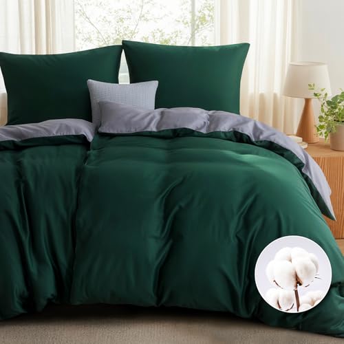 RUIKASI Bettwäsche 135x200 Baumwolle 4teilig - Bettwäsche-Sets 135x200cm Grün Wendebettwäsche 4tlg mit Reißverschluss, zweifarbige Bettbezüge 2er Set Dunkelgrün und Grau Cotton