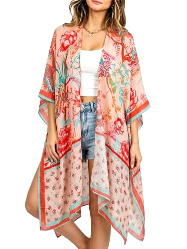 Moss Rose Womens Beach Cover up Swimsuit Kimono with Bohemian Floral Print