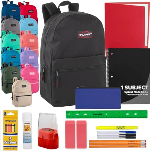 24 Pack Bulk Backpacks with School Supplies for Kids - Trailmaker Wholesale Backpack and School...