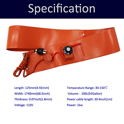 Preasion Oil Drum Heating Belt, Metal Oil Drum Grease Keg Heater, Silicone Rubber Heater, Insulated Band Heater With Adjustable Rotary Thermostat For Industrial Steel Drum, 55 Gallon, 4.92X68.5Inch #TOP1