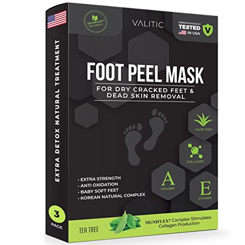 VALITIC Foot Peel Mask for Dry Cracked Feet and Dead Skin Callus Removal - Vitamin E & A Aloe Vera Collagen Moisturizing Natural Korean Complex - Extra Strength - Men 3 Pairs - Tea Tree