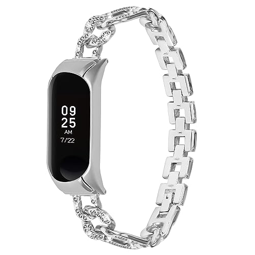 MVRYCE Kompatibel mit Mi Band 5 Armband, Ersatz Armband Schmuck Bling Diamant Edelstahl Metallband Uhrenarmbänder Zubehör Armband für Mi Band 5/Mi Band 6 (Silber)