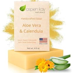 Aspen Kay Naturals Aloe Vera & Calendula Soap, Natural & Organic Ingredients, Organic Aloe Vera, Calendula & Turmeric Soap. Use for Face & Body. for Men, Women & Teens. Gentle Face Wash. 4.5 oz Bar
