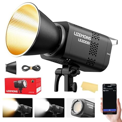 Godox LE200Bi lampa wideo LED COB, Godox LE200 Bi 220 W dwukolorowa CRI/TLCI 98+ profesjonalny montaż Bowens światło ciągłe 57700 Lux@1 m aplikacja DMX sterowanie ultra ciche do nagrywania wideo