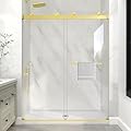 KPUY Frameless Shower Door, 43-48" W x 76" H Double Sliding Glass Shower Door, 1/4" (6mm) Thick Tempered Clear Glass with Explosion-Proof Film Nano Coating, Brushed Gold