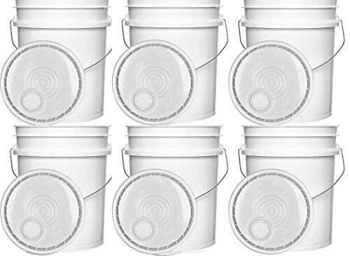 5 Gallon White Plastic Buckets and 5 Gallon Gamma Seal Lids | Combo Pack of Six (6) Buckets and Six (6) Gamma Seal Lids