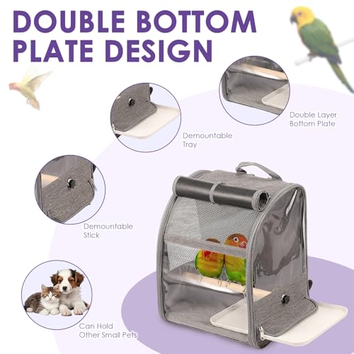 Bird Carrier Backpack, Small Bird Travel Cage Carrier, Pet Backpack Carrier w Upgraded Tray & Standing Perches, Breathable Portable Parrot Cockatiel Carry Transport Bag for Vet Visit Shopping Camping - Image 5