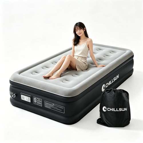 CHILLSUN エアーベッド シングルサイズ 電動ポンプ内蔵 キャンプ マット 耐久性 高耐久 来客用 フロック表面加工 長さ190×幅99×厚さ40cm 耐荷重300kg 空気ベッド 快適な寝心地 折り畳み 収納袋付き キャンプ 予備ベッド 家庭用