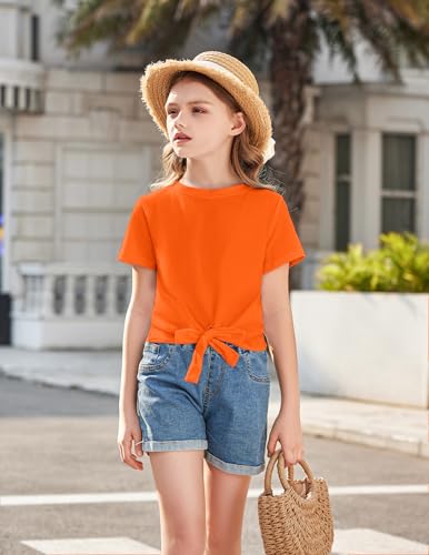 Image of Arshiner Girls Short Sleeve Shirts Tie Knot Front Tops T Shirts for Kids Crewneck Cute Casual Tie Dye Tee Blouse