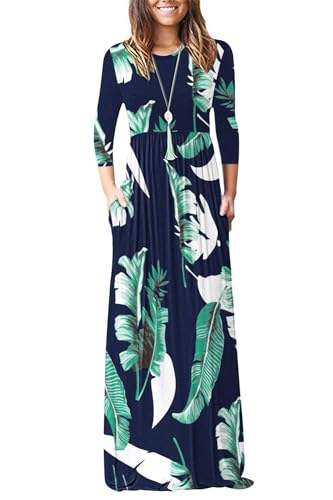 Image of WNEEDU Women's 3 /4 Sleeve Casual Loose Long Maxi Dresses with Pocket