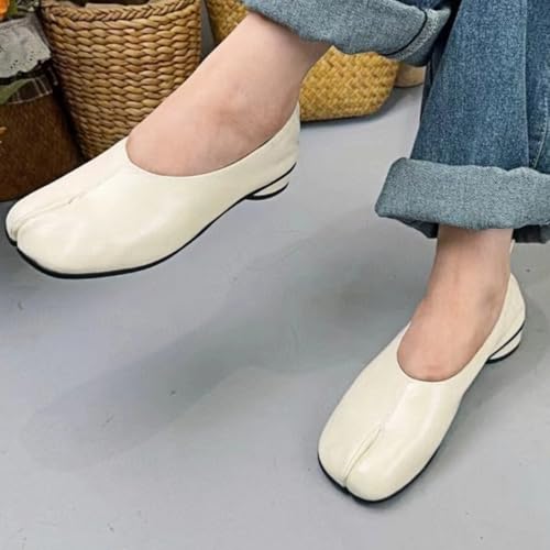 Minimalist & Modern Tabi Shoes Ballet Style Slip-on Low Heels for Women Genuine Leather Comfort Office Work, Black/White3