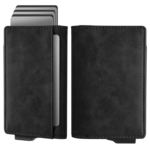 Navaris Pop Up Wallet with Inner Slots - Pop-Up RFID Blocking Card Holder w Cash Pocket - Slide Modern Trigger Wallet - Holds 10 Cards - Metal RFID Smart Wallets for Men
