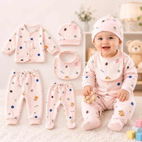 Image of Newborn Baby Clothes Set 0-3 Months, 5-Piece Cotton Clothing Set with Wrap Top, 2 Pants, Cap & Bib, Printed Dress for Baby Boys & Baby Girls, Pink