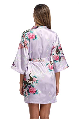 Sueshop Women's Floral Satin Robe Short Silk Bridal Robe Printing Peacock Kimono Sleepwear Light Purple