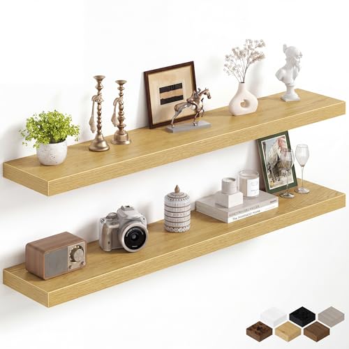 Image of Fun Memories 48Inch Floating Shelves for Wall, 8 Inch Deep Shelves for Bathroom|Bedroom|Kitchen, Large Wall Mounted Wood Hanging Shelf with Invisible Brackets for Home Storage Decor, Oak - 2 Pack