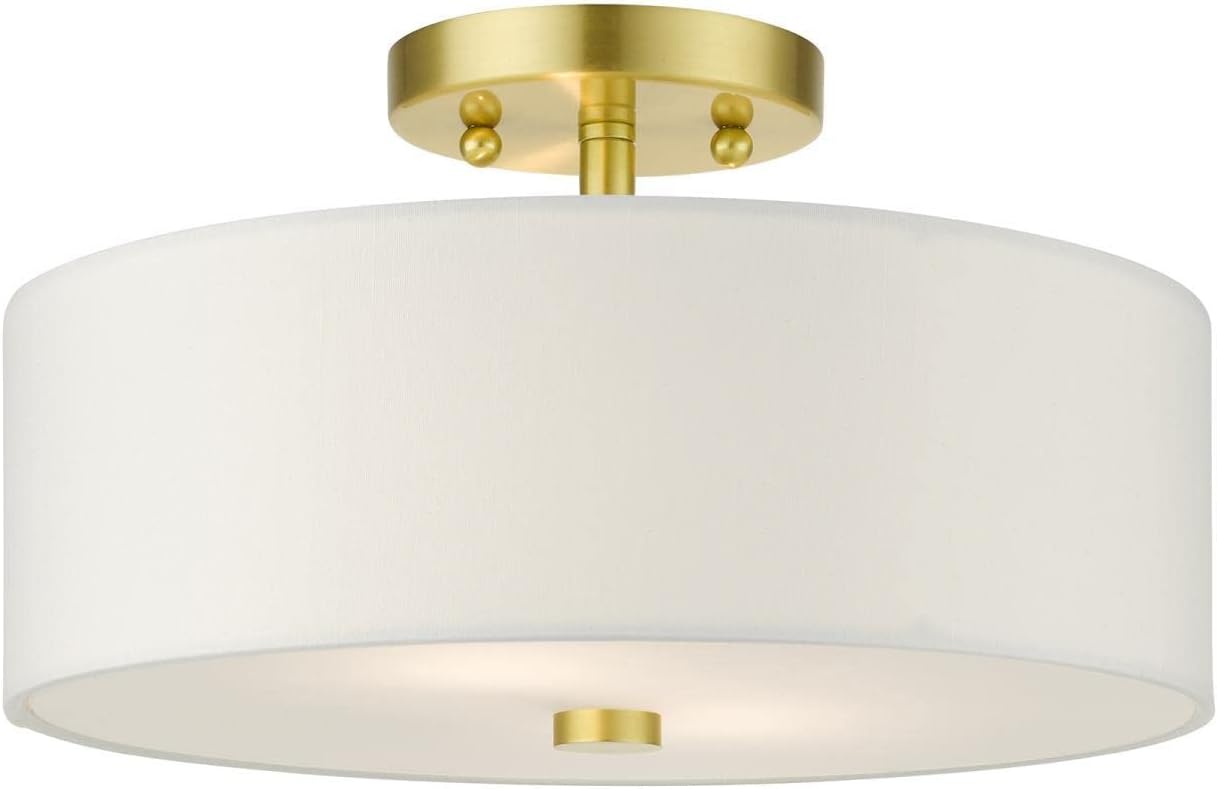 Livex Lighting 51053-12 Meridian Collection 2-Light Semi Flush Mount Ceiling Light with Off-White Hardback Fabric Shade, Satin Brass