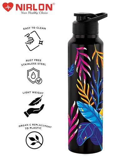 Image of NIRLON Classic Flip UV Printed Single Wall Stainless Steel Sipper Cap Water Bottle 1000ml |Fridge Water Bottle| Office Bottle|Gym Bottle|School Bottle|Treking Bottle|Travel Bottle (Lucid Black)