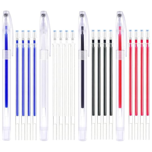 PLKSEI Bolígrafos Borrables con Calor Tiza Costura,Rotuladores de Tela Borrables 4 Colores de Marcadores Borrables con Calor con 20 Recargas para Cuero, Ropa, Costura, Confección