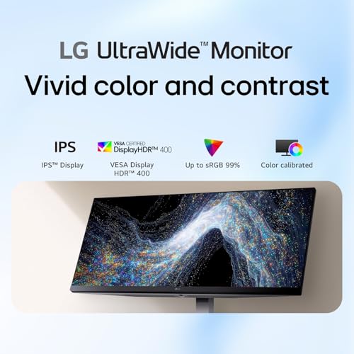 Image of LG 34 Inch UltraWide Monitor, 21:9 WFHD (2560 x 1080) IPS Display, 100Hz, VESA DisplayHDR 400, FreeSync, Flicker Safe, USB Type-C, HDMI, DisplayPort, Speakers, VESA Mount, Home Office Computer,White