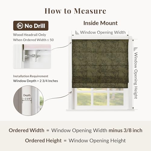 Image of TWOPAGES No Drill Cordless Vintage Leaf Print Roman Shades Linen Textured Roman Blinds for Windows, Custom Made Room Darkening Light Filtering Roman Window Shades, Brown Olive, 1 Piece