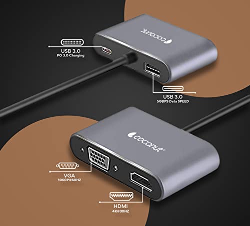 Image of coconut USB C to HDMI Adapter 4 in 1 USB C HUB with 4K HDMI, VGA,Type C & USB 3.0 Converter Charging Cable Port Adapter for Laptop, Mac, PC