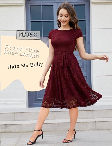 MUADRESS Women Cap-Sleeve Lace Floral Elegant Cocktail Dress Crew Neck Knee Length Bridesmaid Prom Dresses for Party Burgundy XL