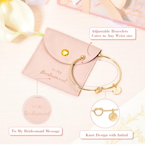 Image of Knot Bracelet Bridesmaid Gifts Initial Bracelet & Microfiber Jewelry Bags Pouch Bridesmaid Proposal Gifts for Wedding Day Bridesmaid Jewelry Bridal Party Gifts (Pink Gold R)