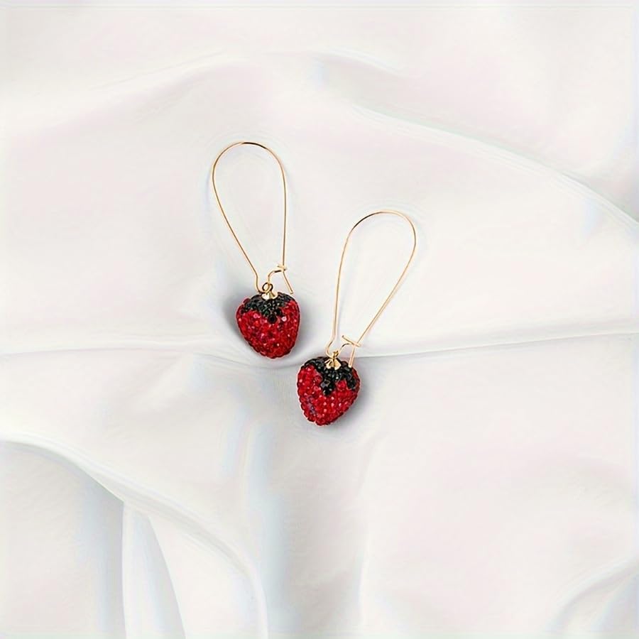Strawberry Earrings For Women, 14k Gold Plated Long Red CZ Funny Drop Dangle Huggie Cute Hoop Fruit Charm Gift Jewelry (Long Dangle Red) - Image 5
