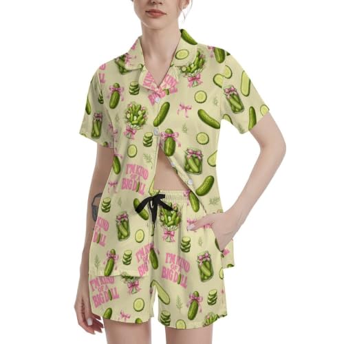 Image of Funny Pajamas for Women Set Print Satin Loungewear Pjs Short Sleeve Button Down Top and Shorts Sets Sleepwear XS-3XL
