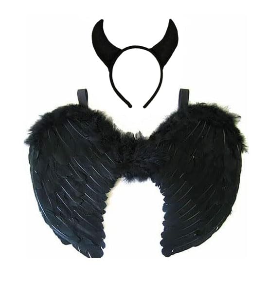 jokeshop Black Devil Horns & Black Feather Wings Angel Demon Fairy Fancy Dress Christmas Halloween Cosplay Costume