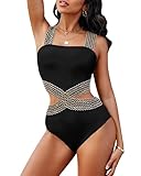 Jolefille Womens One Piece Tummy Control Swimsuit Modest High Waisted Bathing Suit Color Block Bandeau Monokini Sexy Cutout