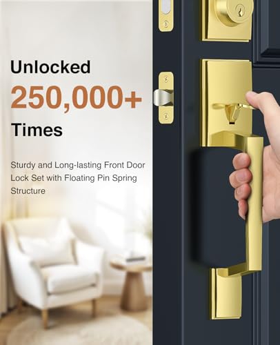Image of Brightify Gold Front Door Lock Set with Single Cylinder Deadbolt, Modern Exterior Door Handle Set with Reversible Lever, Adjustable Latch for Right /Left Handed Heavy Duty Entrance
