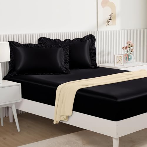 Image of Homiest Black Twin Ruffle Pillowcase & Satin Fitted Sheet Set 2Pcs | Silky Satin Protects Hair And Skin, 15-Inch Deep Pocket, Pearlescent Sleek Dramatic Shine, Easy Machine Wash Care