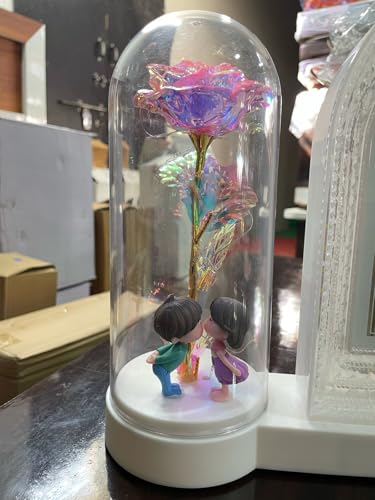 Image of Romantic LED Rose Dome Lamp with Kissing Couple Figurines - Decorative Night Light for Gifting & Home Decor