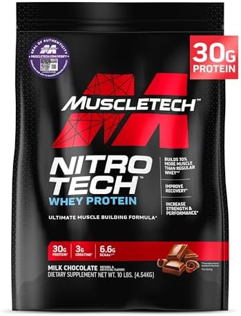 Muscletech Whey Protein Powder (Milk Chocolate, 10 Pound) - Nitro-Tech Muscle Building Formula with Whey Protein Isolate & Peptides - 30g of Protein, 3g of Creatine & 6.6g of BCAA