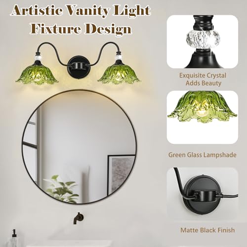 Image of Black Bathroom Vanity Light, 2-Light Vanity Light with Floral Green Glass Shades,Vintage Farmhouse Wall Mount Lighting for Bathroom, Dressing Table