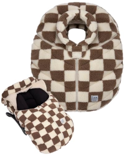 Image of 7AM Enfant Car Seat Covers - Cocoon Baby Cover for Boys & Girls, Rain & Snow Repellent, Breathable Windproof, Center Zipper, Universal Fit for Infant Car Seat (0-12M) (Print Checkers Tan)
