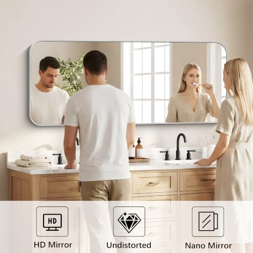 Image of DESBING 55 inchx24 inch Bathroom Mirror for Over Sink, Silver Framed Wall Mirror | High-Definition Shatterproof Vanity Mirror with Rounded Corner for Bedroom Living Room Entryway Horizontally or Vertically