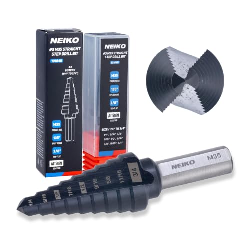 Image of NEIKO 10184B Step Drill Bit, 9 Steps 1 /4 inch to 3 /4 inch Straight M35 Cobalt, AlTiSiN Coated, 3 /8 inch Tri-Flat Step Bits for Steel, Metal, Wood, Plastic, Unibit Cone Drill Bits, Two Flute