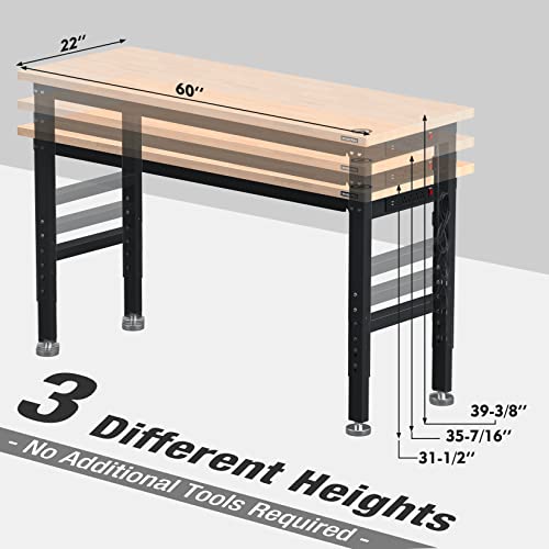 Image of WORKPRO 60 inch Adjustable Workbench, Rubber Wood Top Heavy-Duty Workstation, 2000 LBS Load Capacity Hardwood Worktable with Power Outlets, for Workshop, Garage