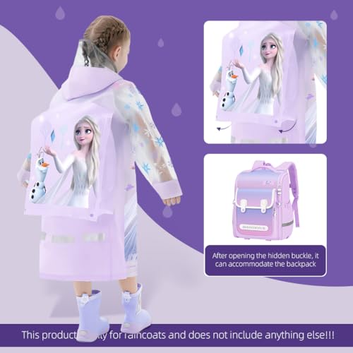 Image of PALAY Rain Coat for Kids Frozen Poncho Raincoat for Kids Girls Boys With Pockets Wide Brim Hooded Poncho Safe School Bag Rain Cover Frozen Elsa print