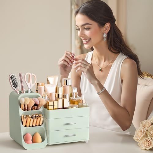 Image of HBlife Makeup Organizer with Brush Holder for Vanity, Large Plastic Bathroom Countertop Organizer Skin Care Storage, Easy to Store Lipsticks, Nail Polishes, Perfumes, Eyeshadow Palettes, All Green
