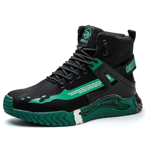 ORISTACO Botas de seguridad para el trabajo, ligeras, transpirables, industria, construcción, puntera de acero, Verde de corte medio, 9.5 Women/8 Men