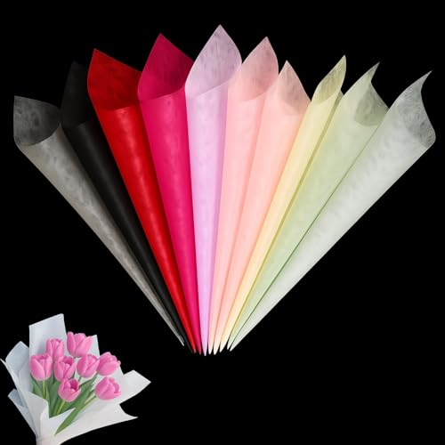 Blumenverpackungspapier Tissue Papier - 100 Blätter, 10 Lebendige Farben (je 10 Blätter), 30x30cm, mit entfernbarer Futterlage für Blumensträuße, Floristen & Geschenkverpackung