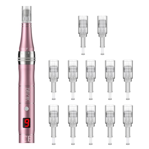 PELCAS Wiederaufladbarer 9 Stufen Derma pen Auto Derma Micro Needle Roller Electric Pen mit LCD-Bildschirm inkl. 12 Nadelköpfe Tragbares Microneedling Schönheit Gerät