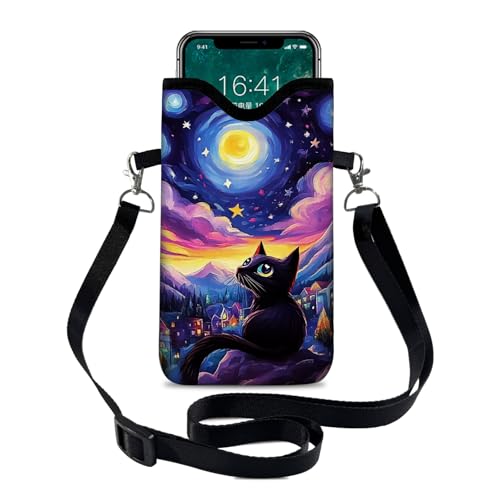 Image of Neoprene Cell Phone Sleeve Pouch Case Bag with Crossbody Strap Neck Lanyard for Women 7.1 X 3.9 in Sky Cat
