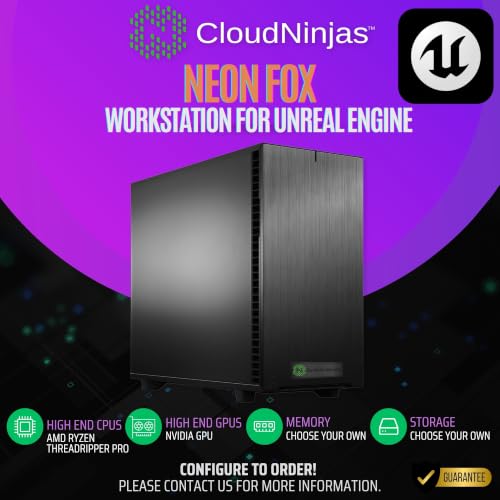 Cloud Ninjas Neon Fox AI Workstation diseñada para Unreal Engine Intel Core Ultra 9 285K 3.7GHz 24 Core Geforce RTX 5080 16GB GPU 128GB DDR5 1TB 4TB M.2 NVMe 1600W PSU miniatura 2