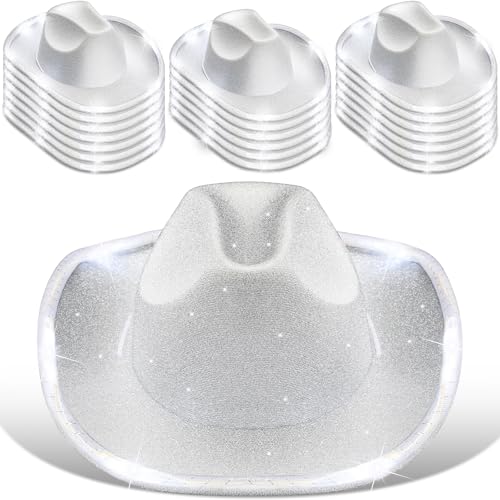 Tisancy 20 Pack Lights Cowboy Cowgirl Hat LED Flashing Hat Light Up Hat for Western Bachelorette Party Wedding Bridal (Silver,Glitter)