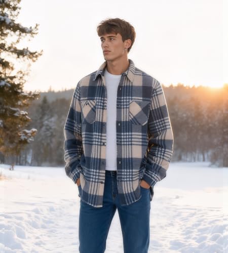 Image of HODOSPORTS Mens Flannel Shirts Jacket Fleece Sherpa Lined Heavyweight Button Down Plaid Shirts Coat Long Sleeve with Pockets