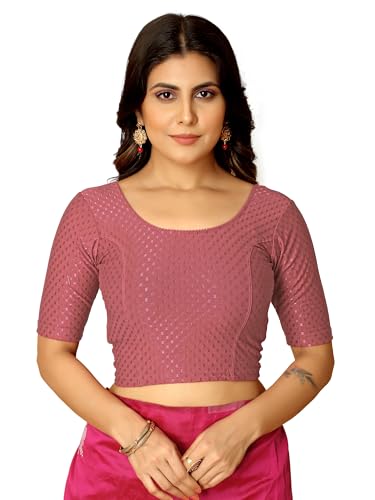 Image of Amazon Brand - Anarva Round Neck Dobby Cotton Lycra Stretchable Elbow Half Sleeve Readymade Saree Blouse for Women Stylish